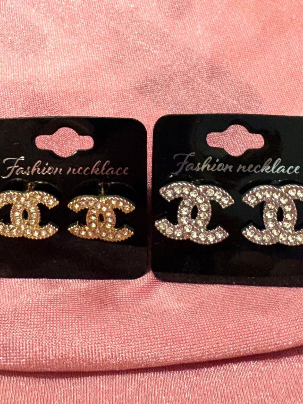 2pc Set Interlocking Loop rhinestone Stud Earrings Gold & Silver Tone